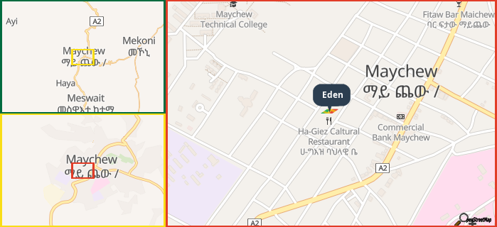 Map showing the address of Eden in three different zoom levels.