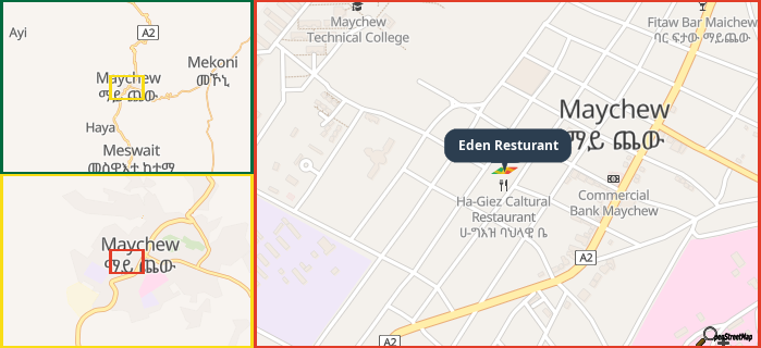 Map showing the address of Eden Resturant in three different zoom levels.