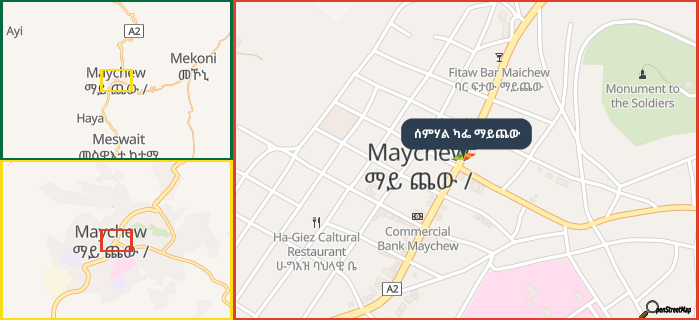 Map showing the address of ሰምሃል ካፌ ማይጨው in three different zoom levels.