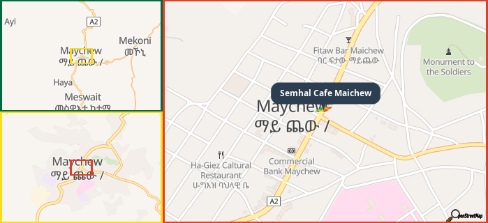 Map showing the address of Semhal Cafe Maichew in three different zoom levels.