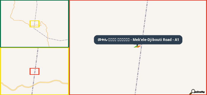 Map showing the address of መቀሌ-طريق جيبوتي - Mek’ele-Djibouti Road - A1 in three different zoom levels.