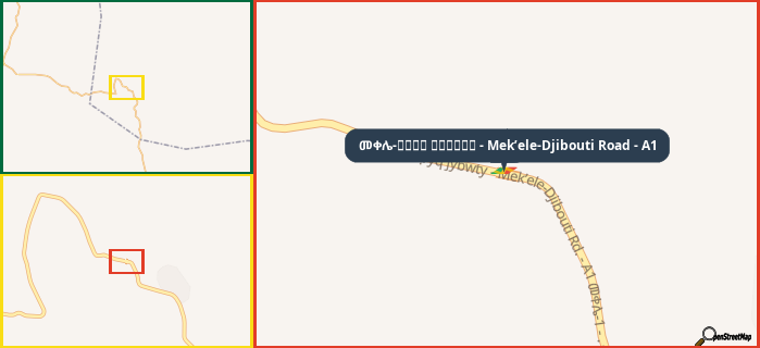 Map showing the address of መቀሌ-طريق جيبوتي - Mek’ele-Djibouti Road - A1 in three different zoom levels.