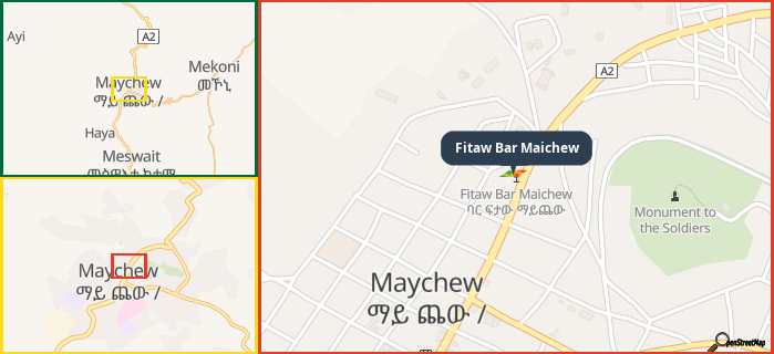 Map showing the address of Fitaw Bar Maichew in three different zoom levels.