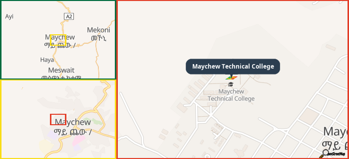 Map showing the address of Maychew Technical College in three different zoom levels.