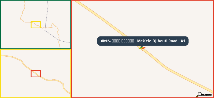 Map showing the address of መቀሌ-طريق جيبوتي - Mek’ele-Djibouti Road - A1 in three different zoom levels.