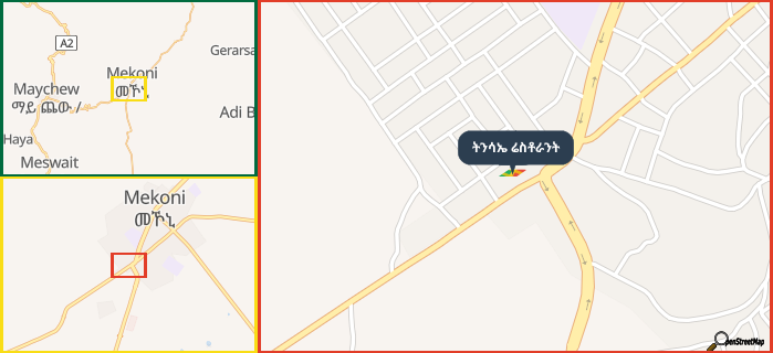 Map showing the address of ትንሳኤ ሬስቶራንት in three different zoom levels.