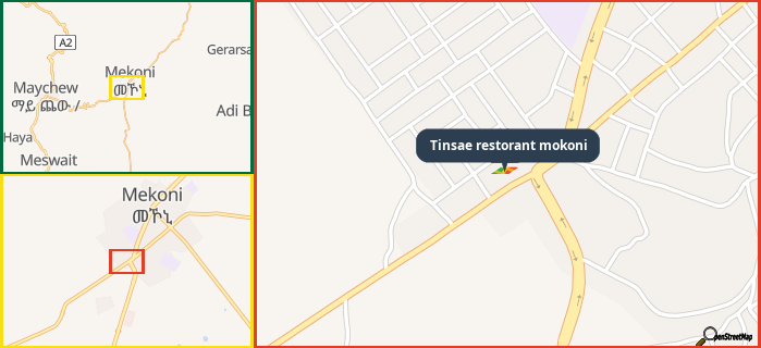 Map showing the address of Tinsae restorant mokoni in three different zoom levels.
