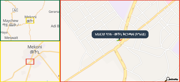 Map showing the address of አቢሲንያ ባንክ - መኾኒ ቅርንጫፍ (ትግራይ) in three different zoom levels.