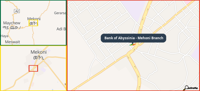 Map showing the address of Bank of Abyssinia - Mehoni Branch in three different zoom levels.
