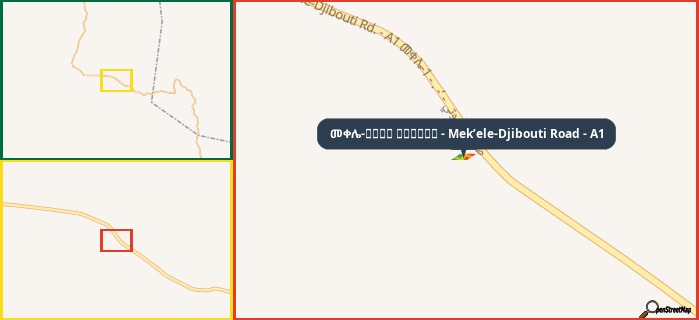 Map showing the address of መቀሌ-طريق جيبوتي - Mek’ele-Djibouti Road - A1 in three different zoom levels.