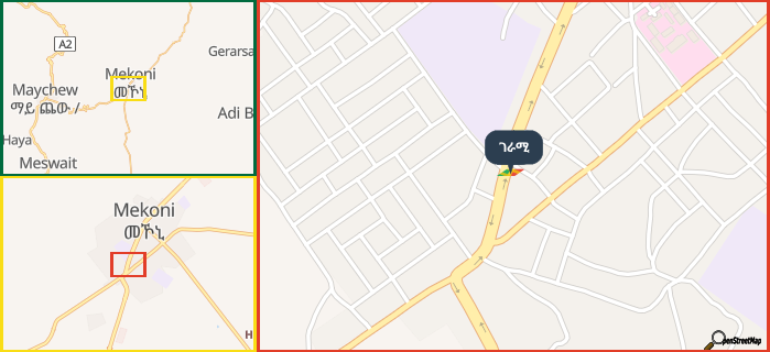 Map showing the address of ገራሚ in three different zoom levels.