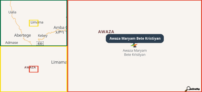 Map showing the address of Awaza Maryam Bete Kristiyan in three different zoom levels.