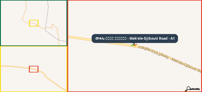 Map showing the address of መቀሌ-طريق جيبوتي - Mek’ele-Djibouti Road - A1 in three different zoom levels.