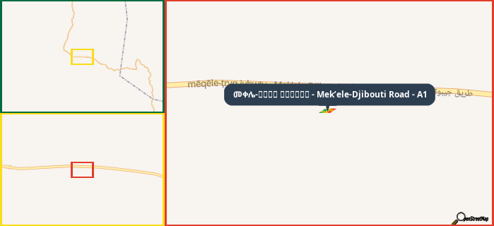 Map showing the address of መቀሌ-طريق جيبوتي - Mek’ele-Djibouti Road - A1 in three different zoom levels.
