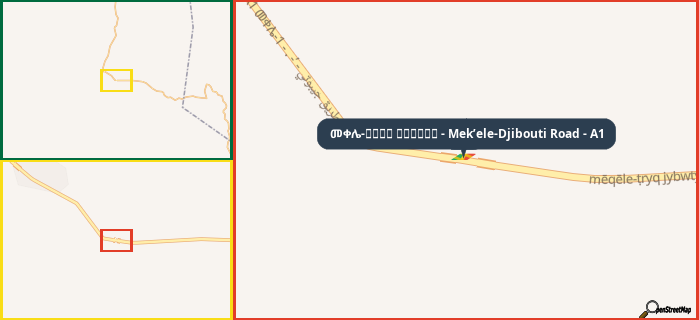 Map showing the address of መቀሌ-طريق جيبوتي - Mek’ele-Djibouti Road - A1 in three different zoom levels.