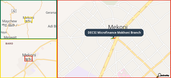 Map showing the address of DECSI Microfinance Mokhoni Branch in three different zoom levels.