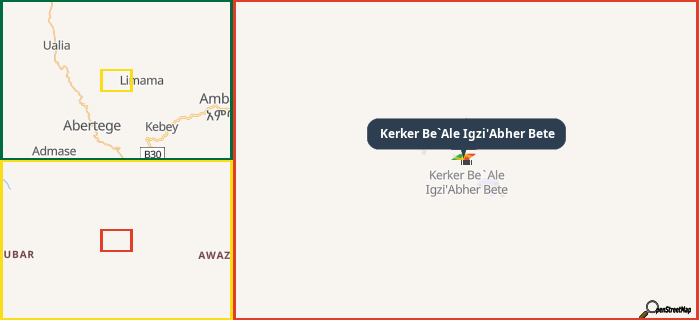 Map showing the address of Kerker Be`Ale Igzi'Abher Bete in three different zoom levels.