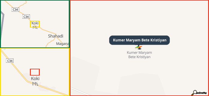 Map showing the address of Kumer Maryam Bete Kristiyan in three different zoom levels.