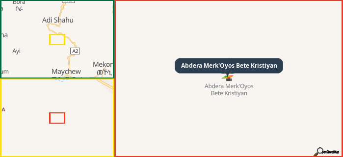 Map showing the address of Abdera Merk'Oyos Bete Kristiyan in three different zoom levels.
