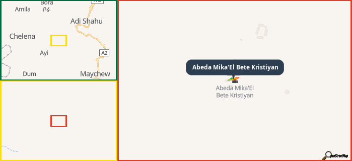 Map showing the address of Abeda Mika'El Bete Kristiyan in three different zoom levels.