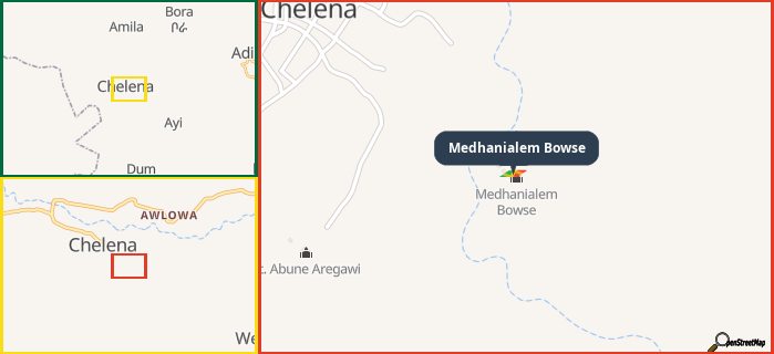 Map showing the address of Medhanialem Bowse in three different zoom levels.