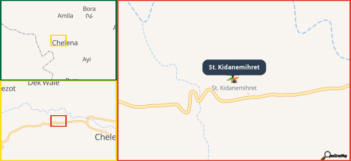 Map showing the address of St. Kidanemihret in three different zoom levels.