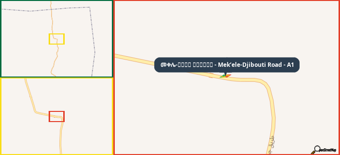 Map showing the address of መቀሌ-طريق جيبوتي - Mek’ele-Djibouti Road - A1 in three different zoom levels.