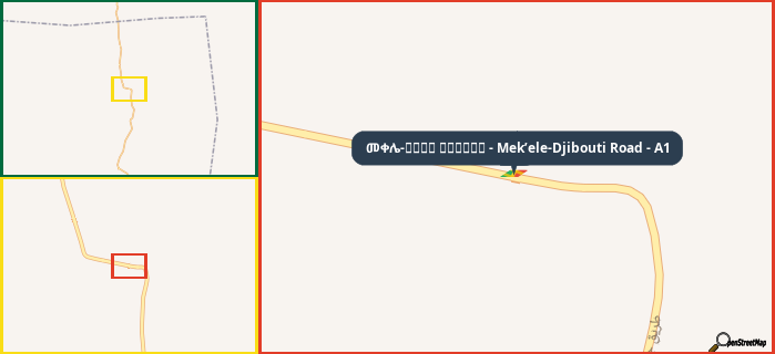 Map showing the address of መቀሌ-طريق جيبوتي - Mek’ele-Djibouti Road - A1 in three different zoom levels.