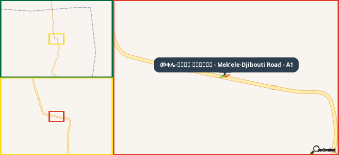 Map showing the address of መቀሌ-طريق جيبوتي - Mek’ele-Djibouti Road - A1 in three different zoom levels.