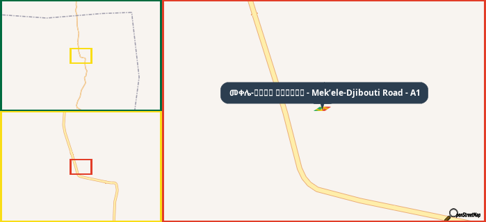 Map showing the address of መቀሌ-طريق جيبوتي - Mek’ele-Djibouti Road - A1 in three different zoom levels.