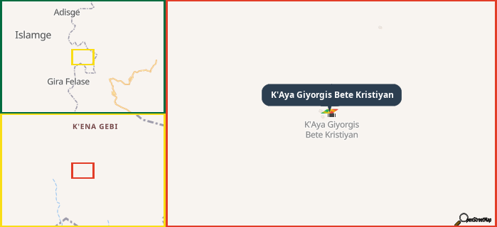 Map showing the address of K'Aya Giyorgis Bete Kristiyan in three different zoom levels.