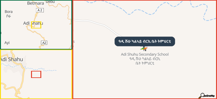 Map showing the address of ዓዲ ሹሁ ካልኣይ ብርኪ ቤት ትምህርቲ in three different zoom levels.