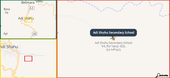 Map showing the address of Adi Shuhu Secondary School in three different zoom levels.