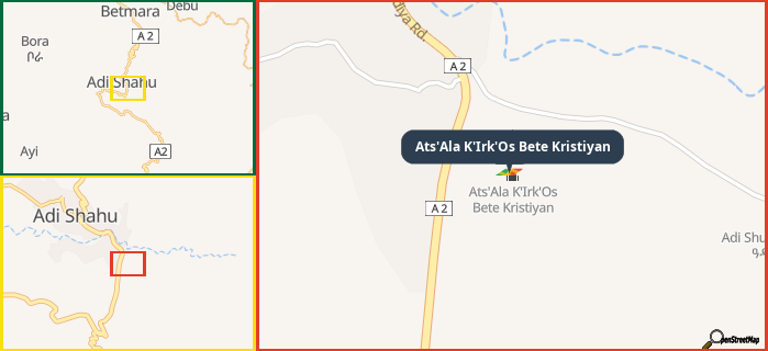 Map showing the address of Ats'Ala K'Irk'Os Bete Kristiyan in three different zoom levels.