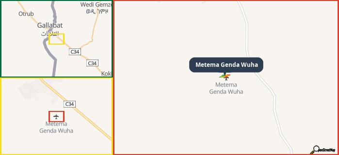 Map showing the address of Metema Genda Wuha in three different zoom levels.