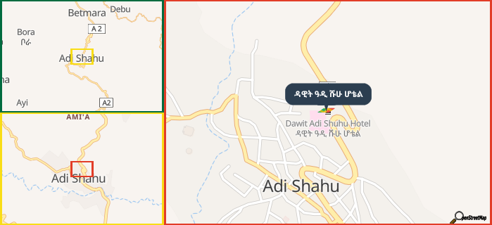Map showing the address of ዳዊት ዓዲ ሹሁ ሆቴል in three different zoom levels.