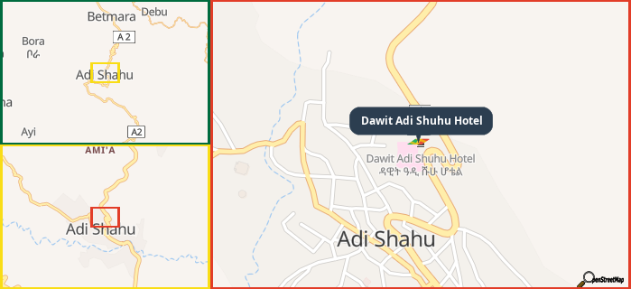 Map showing the address of Dawit Adi Shuhu Hotel in three different zoom levels.
