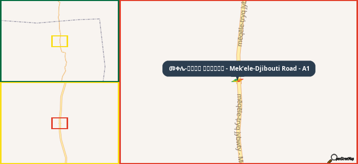 Map showing the address of መቀሌ-طريق جيبوتي - Mek’ele-Djibouti Road - A1 in three different zoom levels.