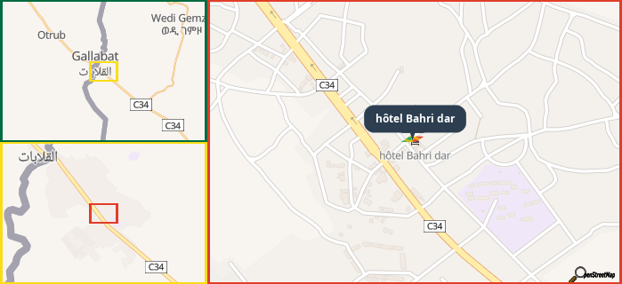 Map showing the address of hôtel Bahri dar in three different zoom levels.