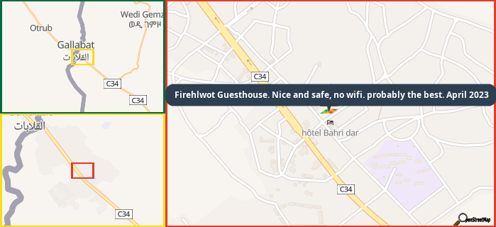 Map showing the address of Firehlwot Guesthouse. Nice and safe, no wifi. probably the best. April 2023 in three different zoom levels.