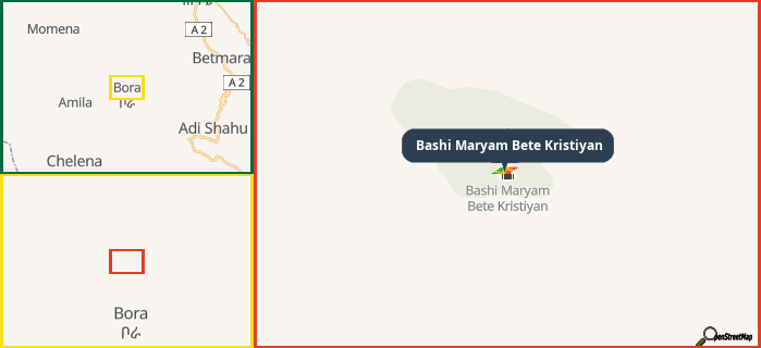Map showing the address of Bashi Maryam Bete Kristiyan in three different zoom levels.