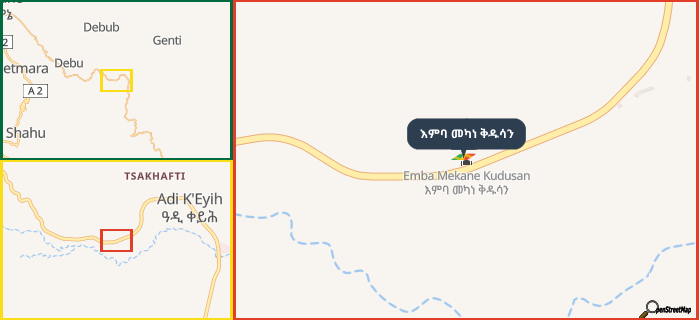 Map showing the address of እምባ መካነ ቅዱሳን in three different zoom levels.