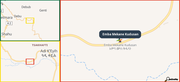 Map showing the address of Emba Mekane Kudusan in three different zoom levels.