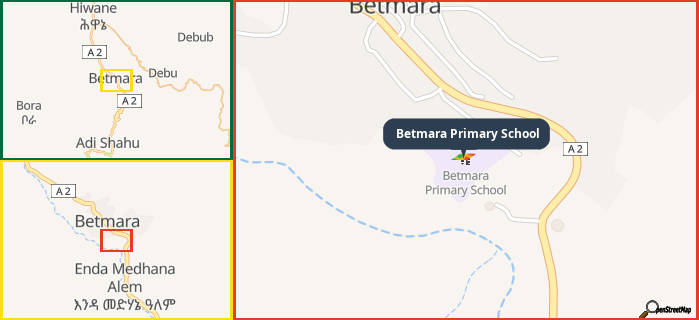 Map showing the address of Betmara Primary School in three different zoom levels.