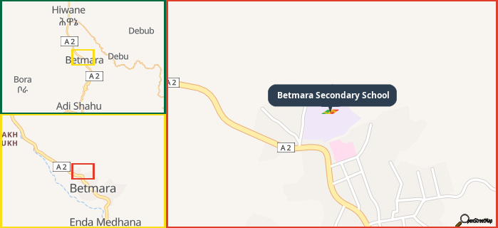 Map showing the address of Betmara Secondary School in three different zoom levels.