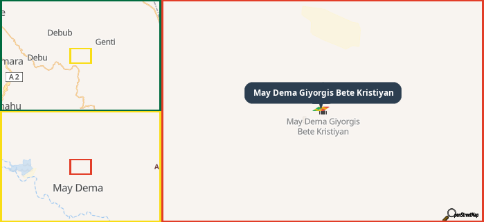 Map showing the address of May Dema Giyorgis Bete Kristiyan in three different zoom levels.