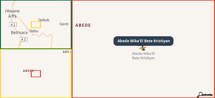 Map showing the address of Abede Mika'El Bete Kristiyan in three different zoom levels.