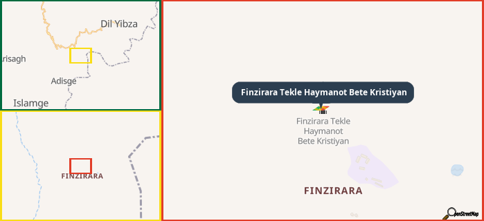Map showing the address of Finzirara Tekle Haymanot Bete Kristiyan in three different zoom levels.