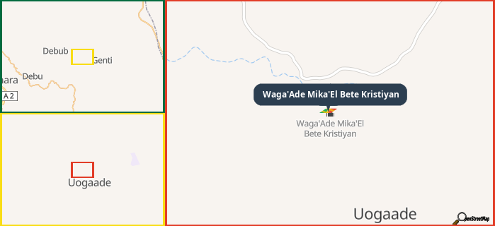 Map showing the address of Waga'Ade Mika'El Bete Kristiyan in three different zoom levels.