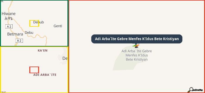 Map showing the address of Adi Arba`Ite Gebre Menfes K'Idus Bete Kristiyan in three different zoom levels.
